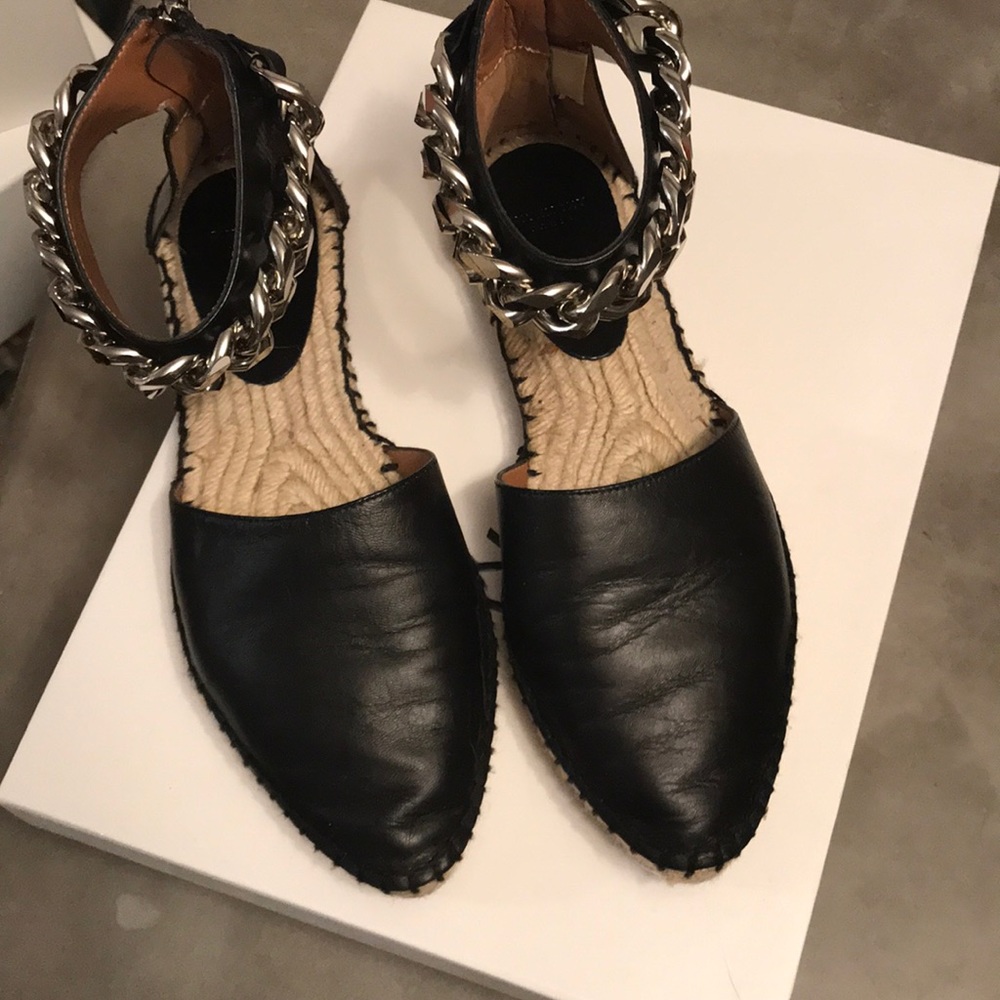 Givenchy Black Leather Espadrille Flats with Chain Ankle Strap size 37